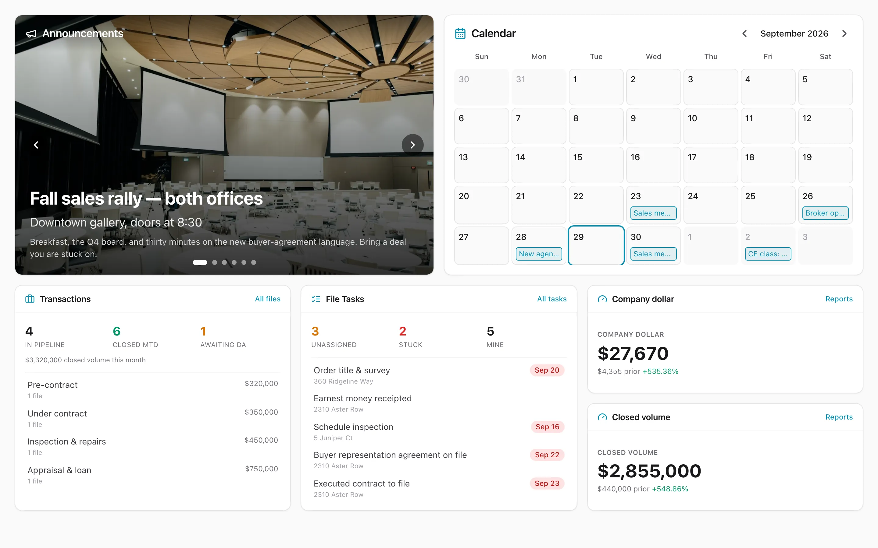 The Agent Anchor Dashboard — announcements, transactions in the pipeline, commissions waiting, people and the inbox on one page