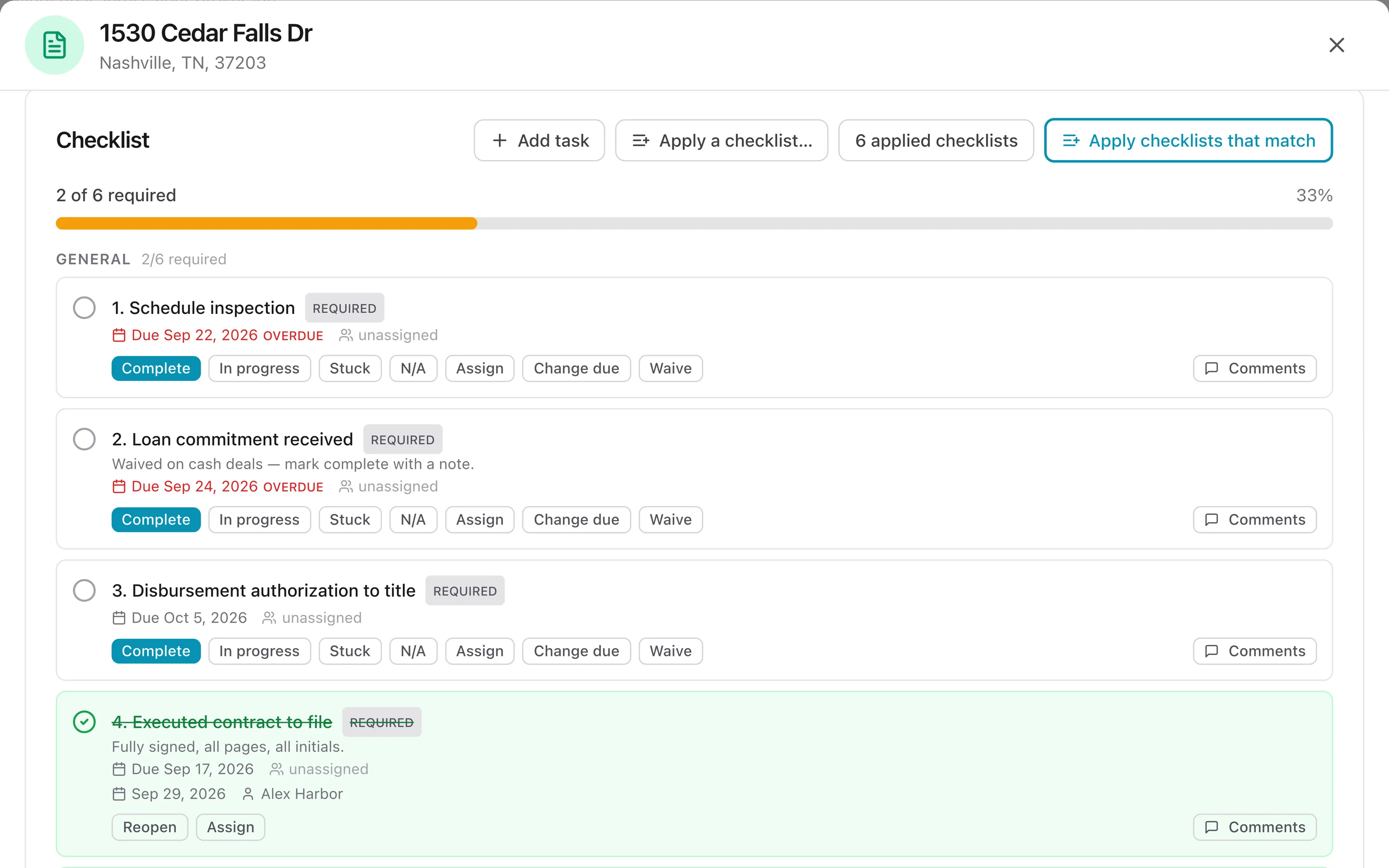 A transaction file in Agent Anchor — its required checklist with a progress bar, due dates, overdue items and completed steps